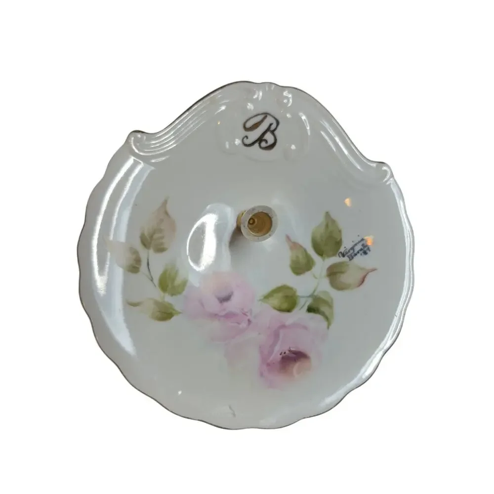 Vintage Pen Holder Desk Handpainted Porcelain Artist Signed Virginia B 1987 Gold